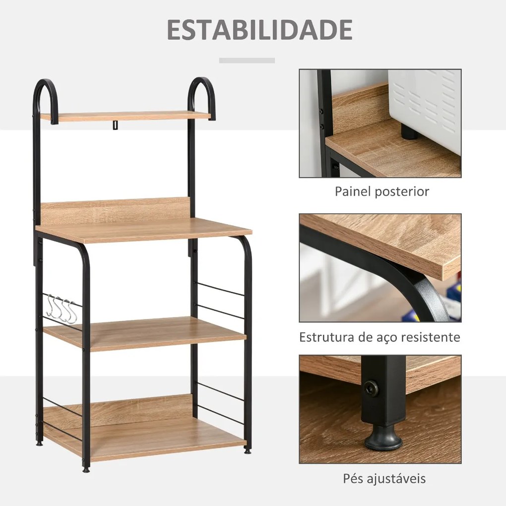 Estante de Cozinha para Microondas com 4 Níveis Ganchos e Pés Ajustáveis Estante de Armazenamento 60x40x125cm Madeira Natural