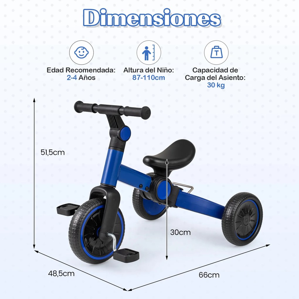 Triciclo Infantil 5 em 1, 66 x 48,5 x 51,5 cm, Pedais Removíveis, Azul-escuro