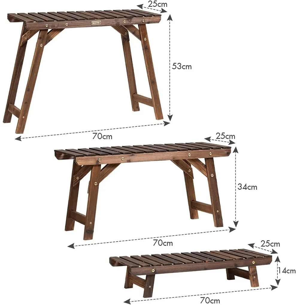 Suporte para plantas de madeira, 3 peças em qualquer combinação Escada para flores carbonizada para interior e exterior Castanho