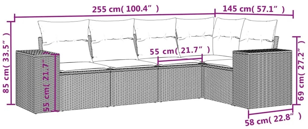 5 pcs conjunto sofás de jardim c/ almofadões vime PE cinzento