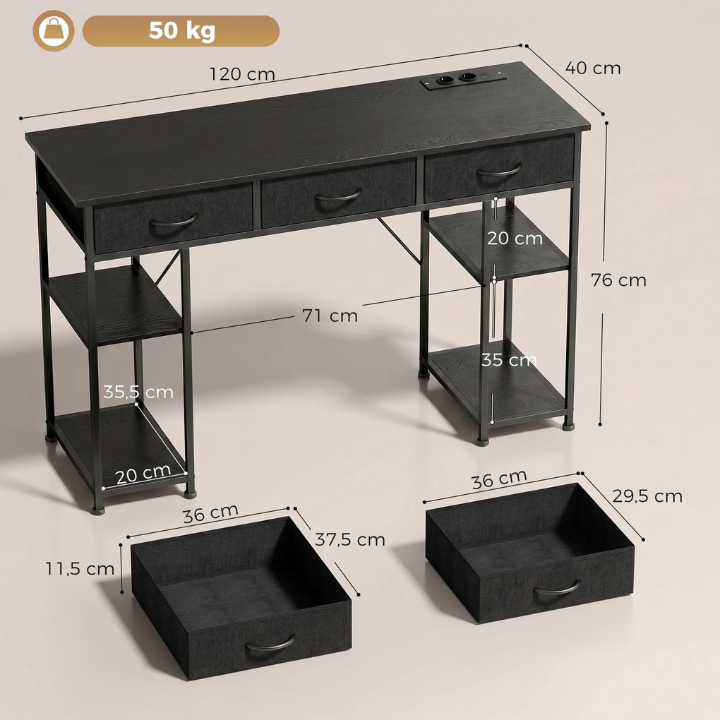 Secretária com espaço de arrumação e tomadas elétricas, 3 gavetas em tecido e 4 prateleiras, 120 x 40 x 76 cm, preta