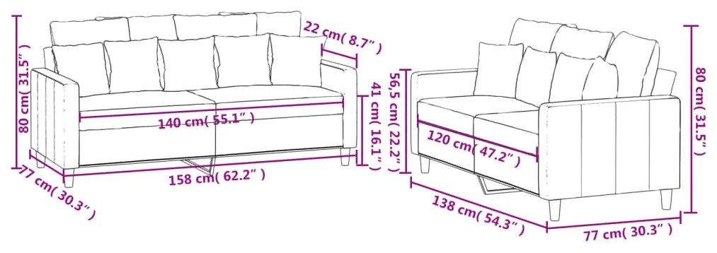 2 pcs conjunto de sofás com almofadões veludo castanho