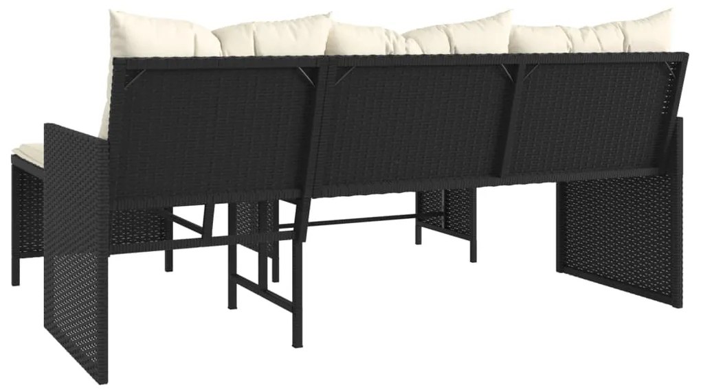Sofá de jardim em forma de L c/ mesa e almofadões vime PE preto