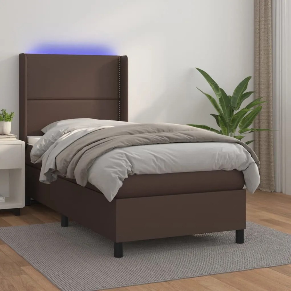 vidaXL Cama box spring c/ colchão/LED 90x190 cm couro artif. castanho