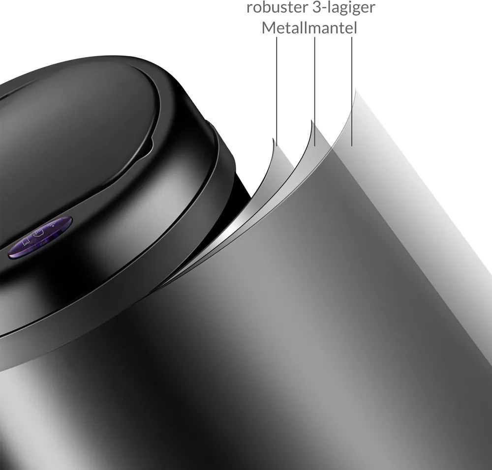 Caixote do lixo em aço inoxidável com sensor e até 50 L, Ø31 x 78 cm Preto