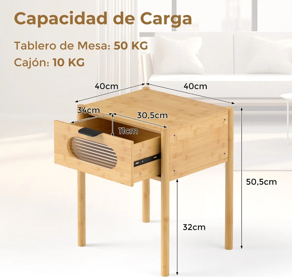 Conjunto de 2 mesas de cabeceira 40 x 40 x 50,5 cm em bambu, estilo rústico, com gaveta e vidro temperado. Mesa auxiliar para quarto, em tom natural