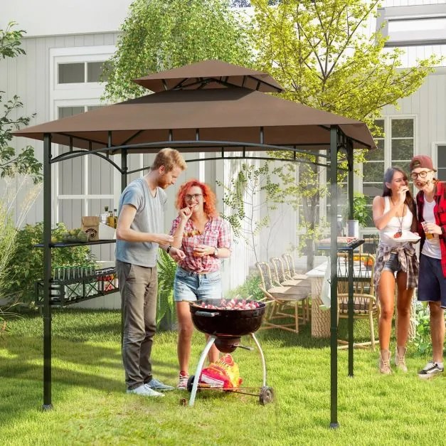 Pergula tenda para churrascos 242 x 153 cm com 2 prateleiras laterais, cesto, ganchos, abridor de garrafas, estrutura de metal para jardim ou pátio Ca