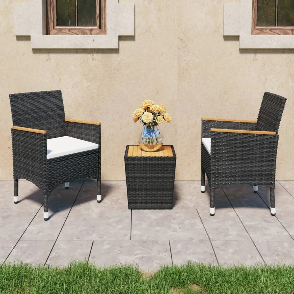 3058366 vidaXL 3 pcs conjunto de bistrô vime PE e madeira de acácia preto