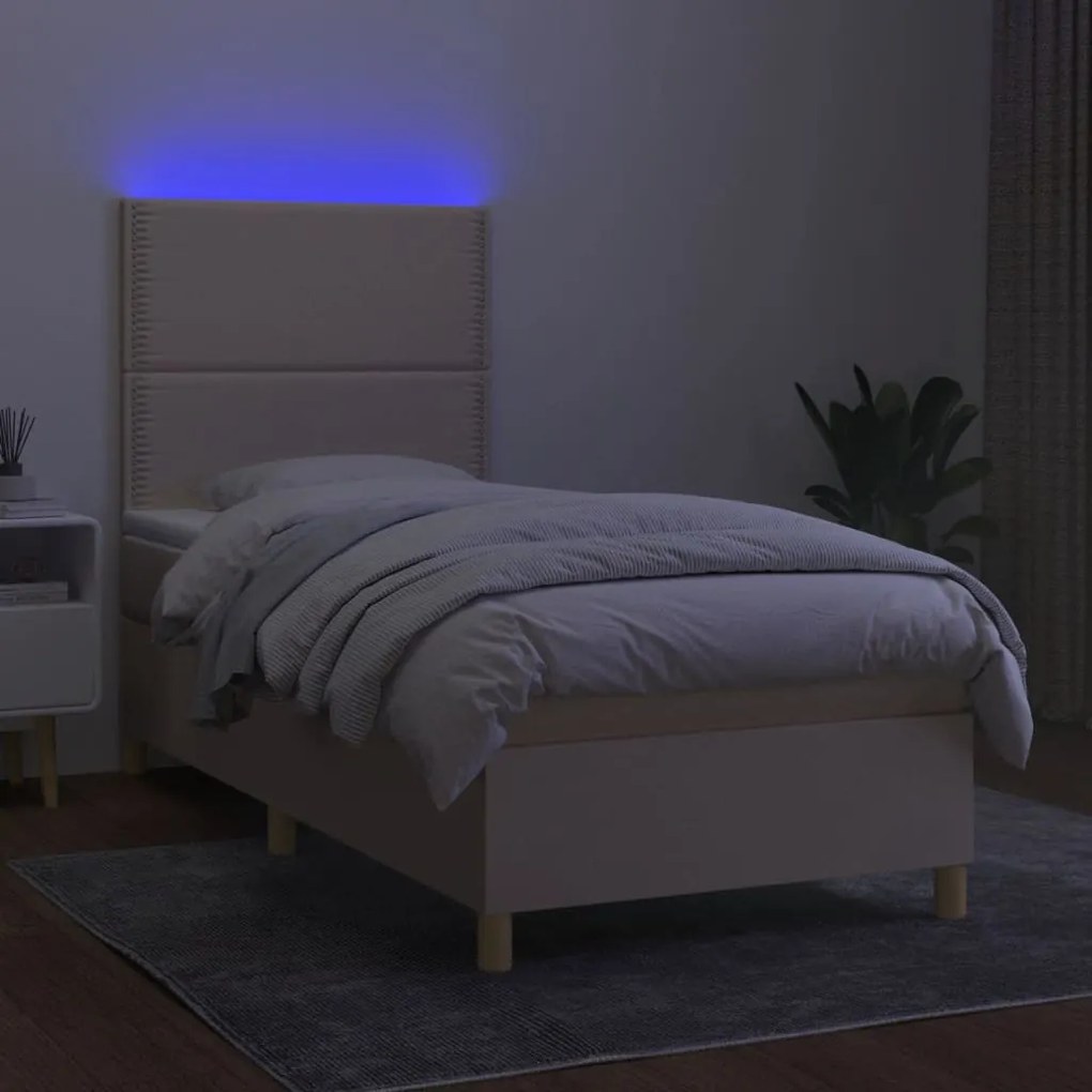 Cama box spring c/ colchão e LED 90x190 cm tecido cor creme