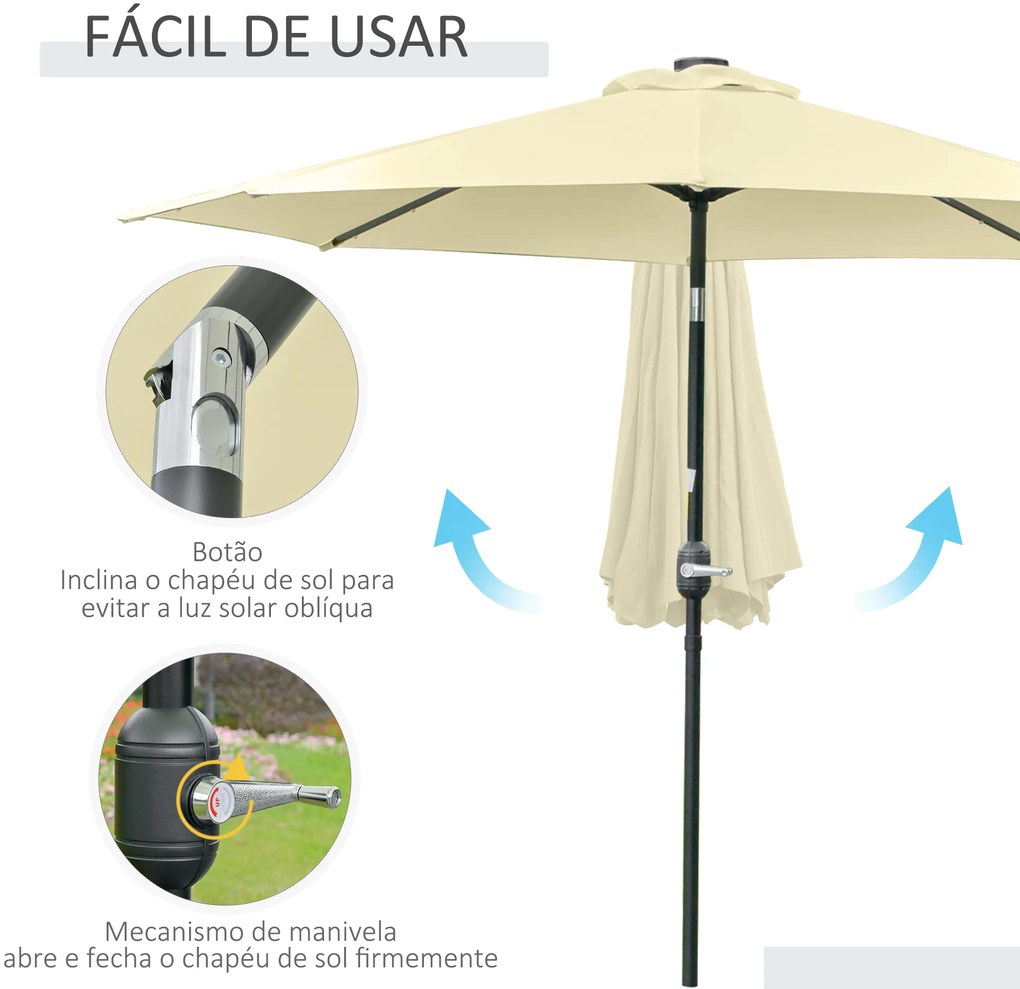Outsunny Chapéu de Sol com 32 Luzes LED Solares Ø265x233cm Chapéu de Sol Inclinável com Manivela e Mastro de Aço para Terraço Pátio Exterior Bege