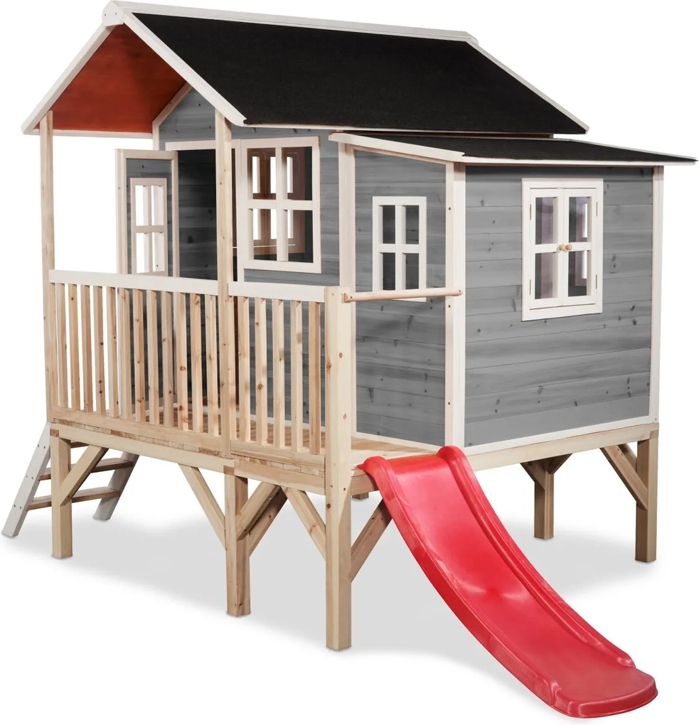 Casa de brincar infantil exterior para crianças Loft 350 em madeira com escorrega - Cinzenta