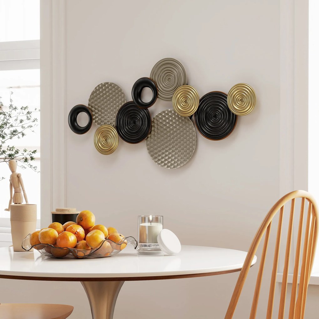 Decoração de parede em metal 100 x 50 cm, escultura de parede em metal, design exclusivo com vários discos, , cáqui e preto
