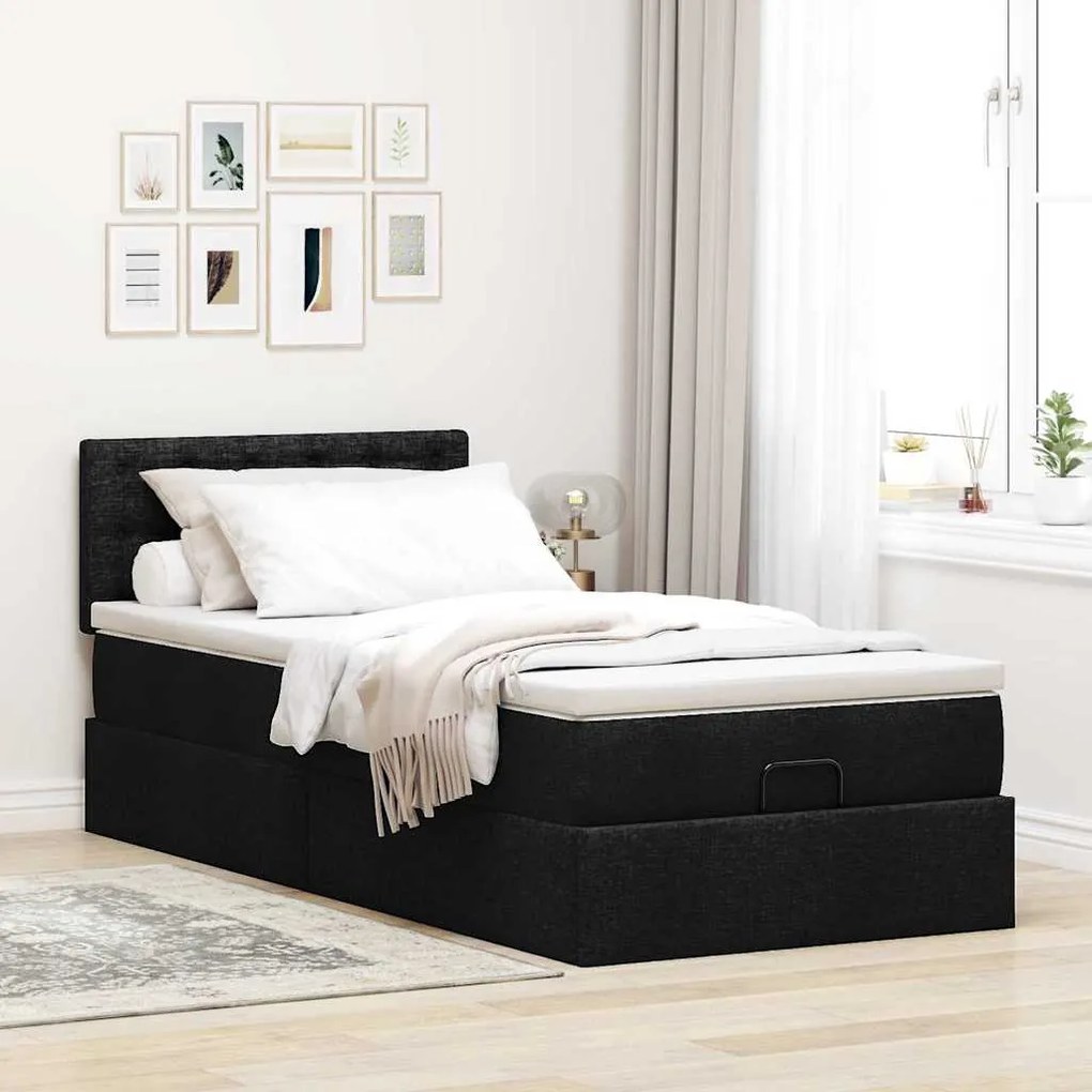 Cama otomana com colchão 100x200 cm tecido preto