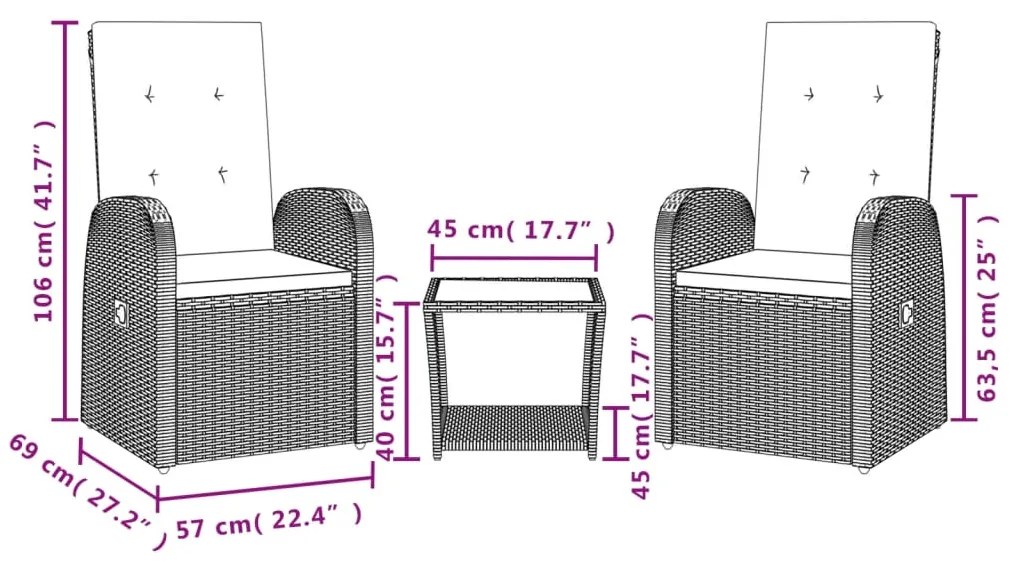 3 pcs conjunto de jantar p/ jardim c/ almofadões vime PE cinza