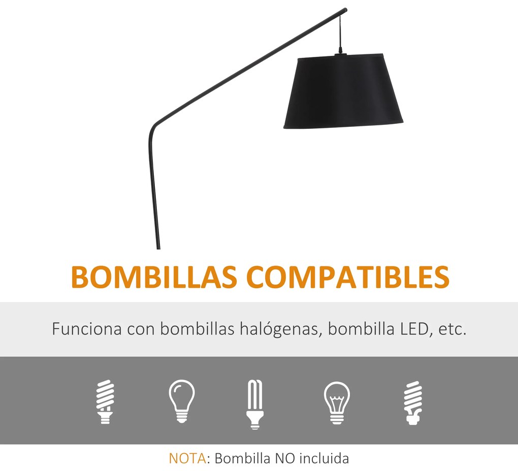 HOMCOM Candeeiro de Pé em Forma de Arco com Ecrã Suspenso de Tecido Suporte para Lâmpada E27 Máx. 40W e Interruptor de Pé Candeeiro de Pé Moderno para Sala de Estar Dormitório 143x40x182cm Preto