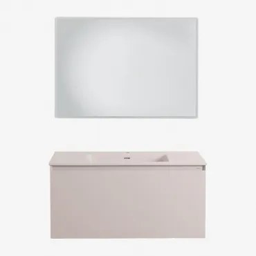 Conjunto De Móvel De Casa De Banho Suspenso Em Madeira Com Lavatório Integrado Macrae Crema Linho & Led Retangular E Anti-embaciamento 100x70 Cm Riben