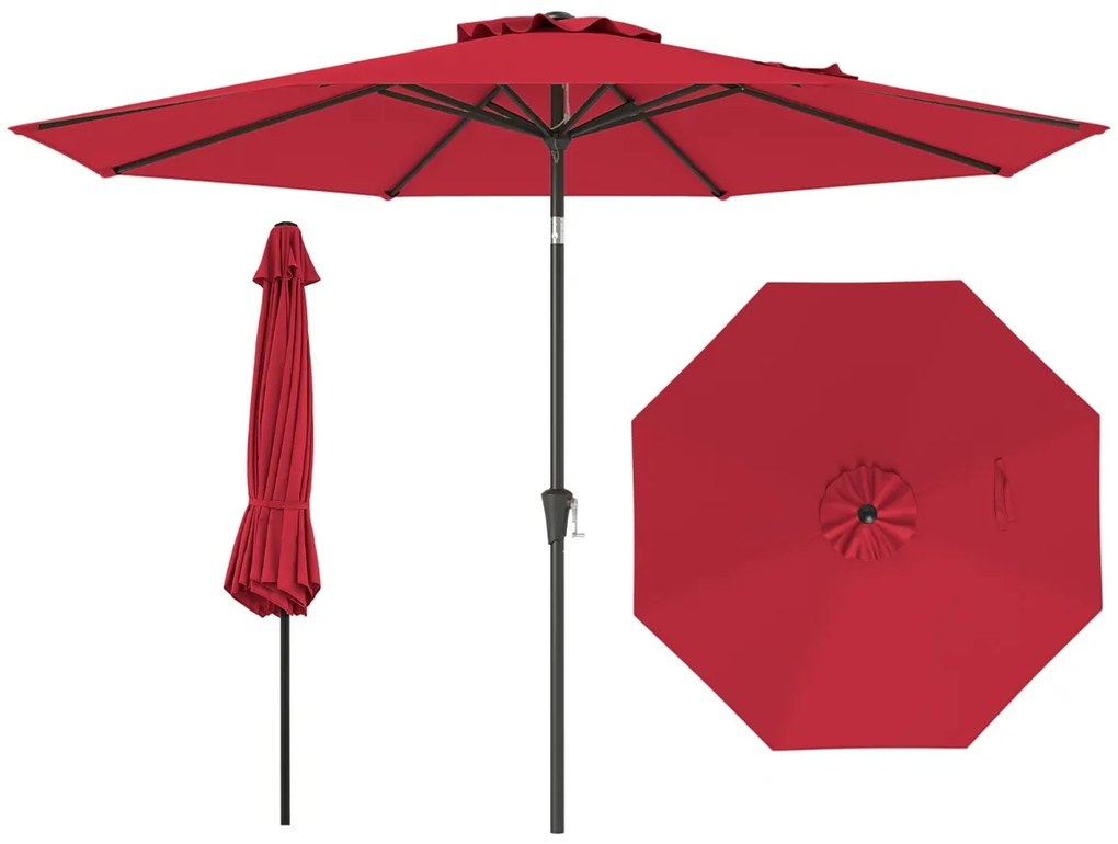 Guarda-sol 303 cm com mecanismo de inclinação de 25° e manivela, 8 varetas reforçadas para terraço, sem base, vermelho cor vinho