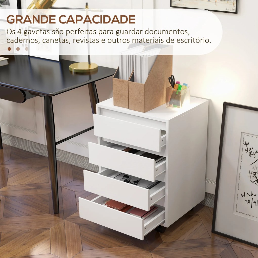 Bloco de Gavetas de Escritório com 4 Gavetas Bloco de Gavetas para Secretária com Rodas Arquivador Móvel 46x40x65 cm Branco