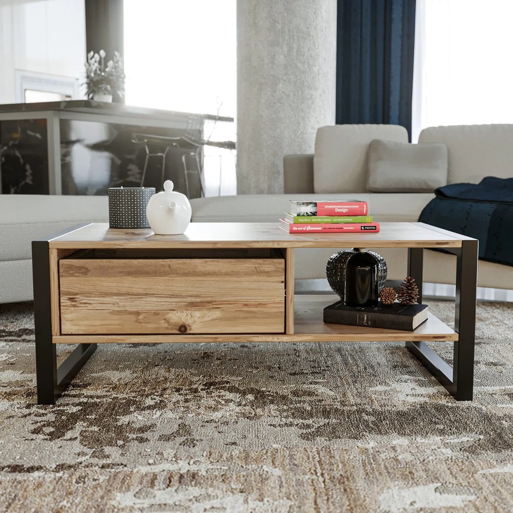 Mesa de Centro Haldizen – Pinho Atlântico Preto – 105x40x55 cm