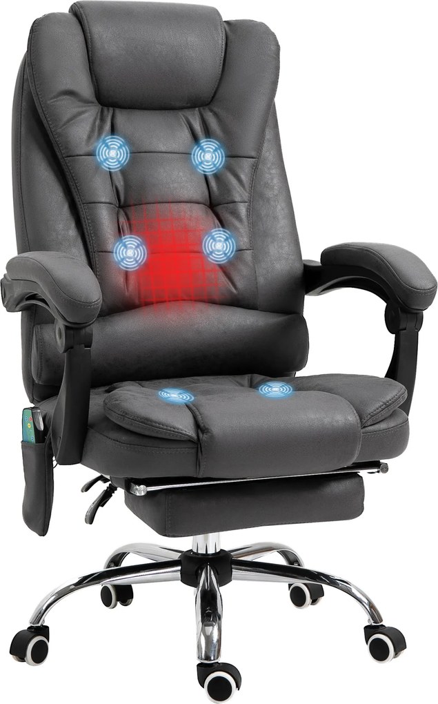 Cadeira de escritório com massagem e aquecimento, altura ajustável, encosto reclinável, apoio para os pés e almofada lombar integrada cinzento escuro