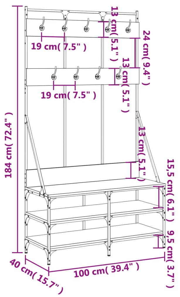 Conjunto de Entrada - Bengaleiro c/ arrumação de calçado 100x40x184 cm