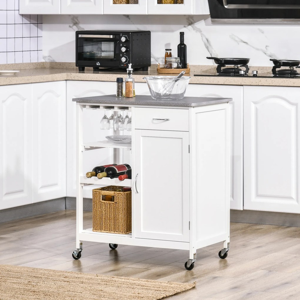 HOMCOM Carrinho de Cozinha com Rodas Carrinho de Cozinha com 1 Gaveta Prateleiras Removíveis Suporte para 4 Garrafas e Armário para Sala de Jantar Sala de Estar Carga 40kg 76x48x88cm Branco e Cinza
