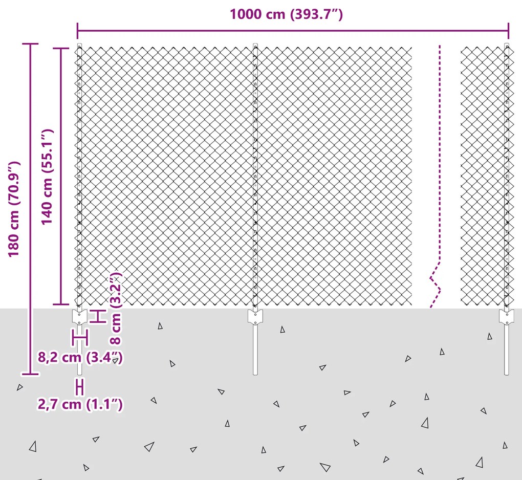 Cerca de Chain Link com 20 U Posts Prateado 1.4x10 m Aço