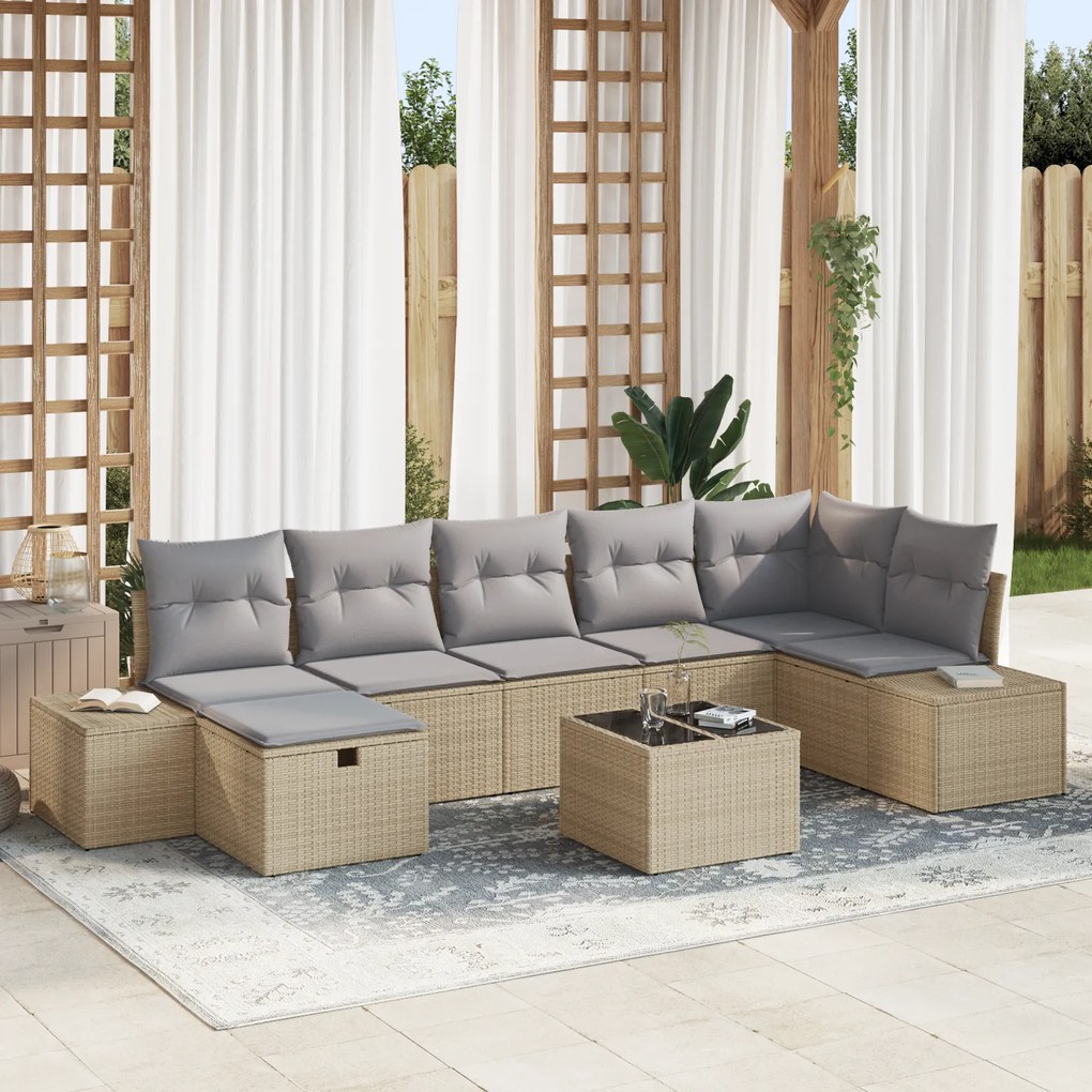 Conjunto de Sofá de Jardim de 8 Peças com Almofadas Bege Rattan Poliés