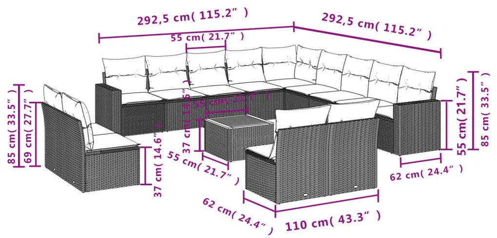 14 pcs conjunto de sofás p/ jardim c/ almofadões vime PE preto