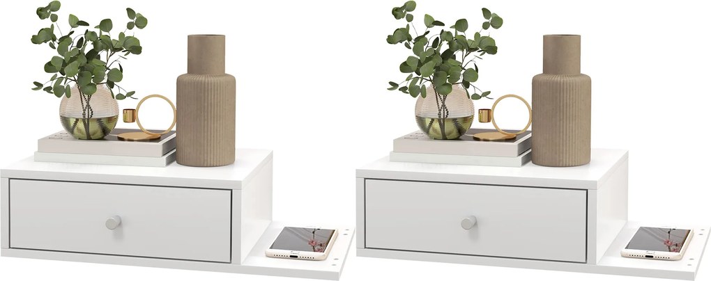 Conjunto de 2 mesas de cabeceira de parede, prateleira lateral e gaveta - 55 x 30 x 15 cm, MDF branco