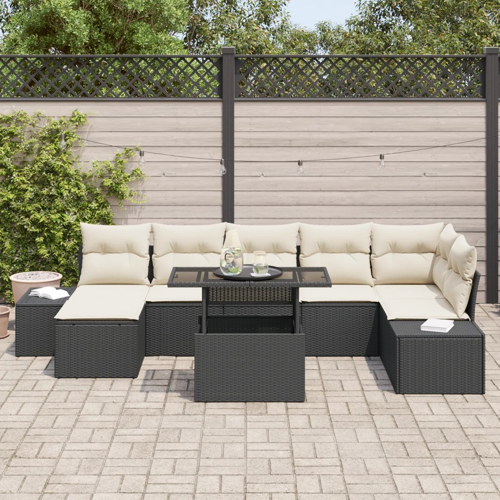 Conjunto de Sofá de Jardim de 8 Peças com Almofadas Preto em Rattan Si