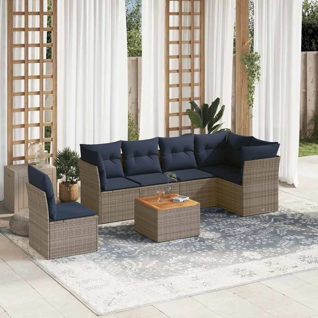 vidaXL 7 pcs conjunto sofás p/ jardim c/ almofadões vime PE cinzento