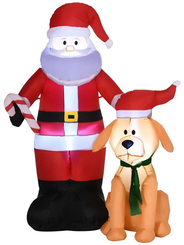 Pai Natal Insuflável com Cão 9 Luzes LED IP44 e Inflador Elétrico Decoração de Natal para Interiores Exteriores 117x80x157cm Multicor