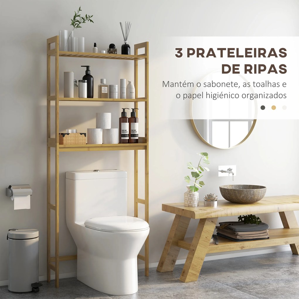 Estante sobre Sanita de Bambu com 3 Prateleiras Pés com Almofadas Antiderrapantes e Anti-Tombo 68x20x135 cm Madeira