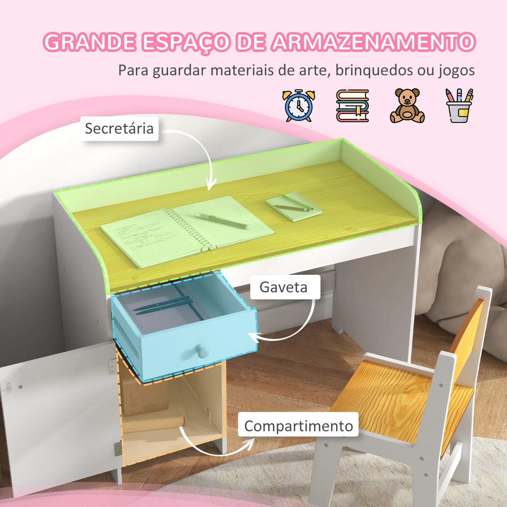 Conjunto de Secretária e Cadeira para Crianças Conjunto Infantil de 2 Peças com Gaveta e Armário para Quarto Branco e Natural