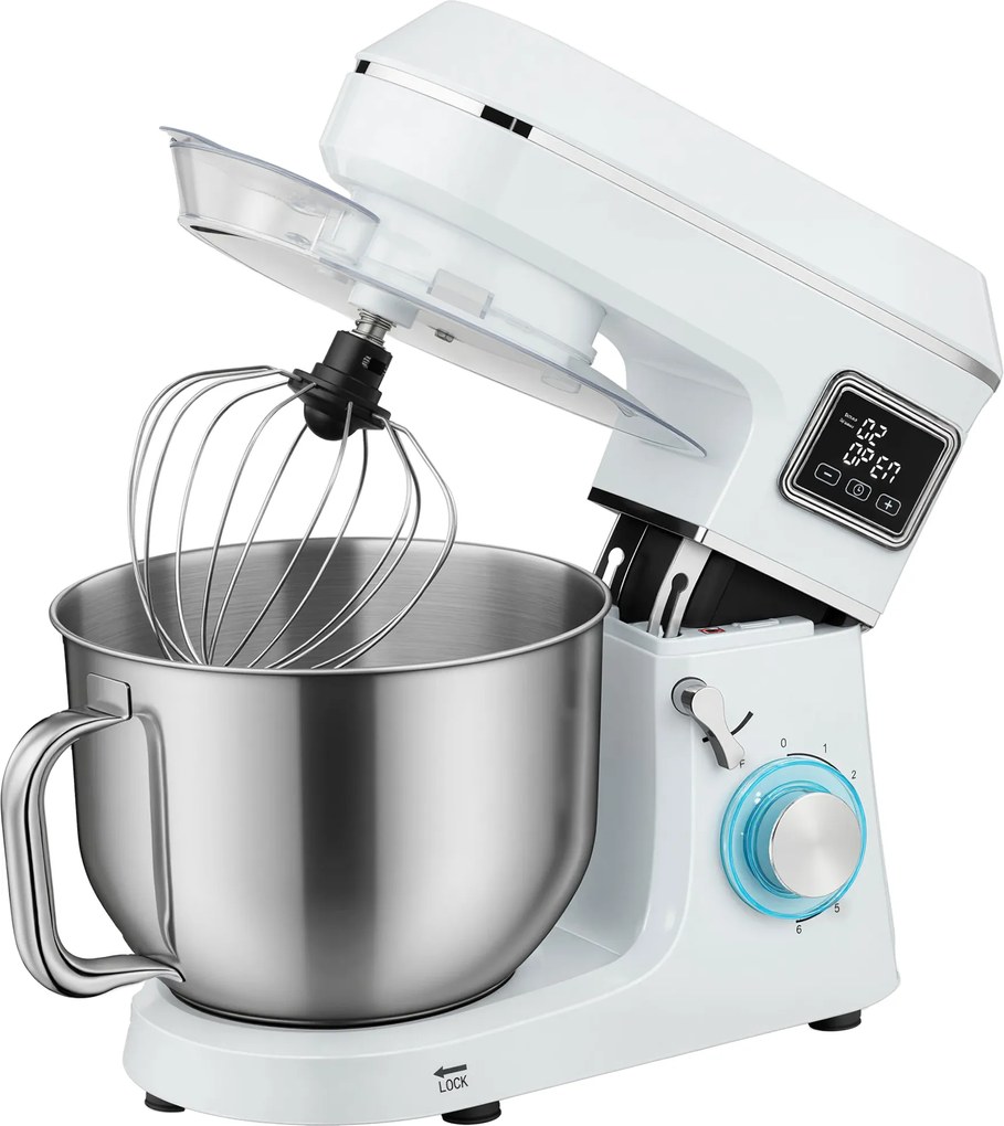 HOMCOM Batedeira Planetária 6 L 1400 W com Cabeçal Inclinável 6 Velocidades Função de Fermentação Ecrã LED Branco | Aosom Portugal