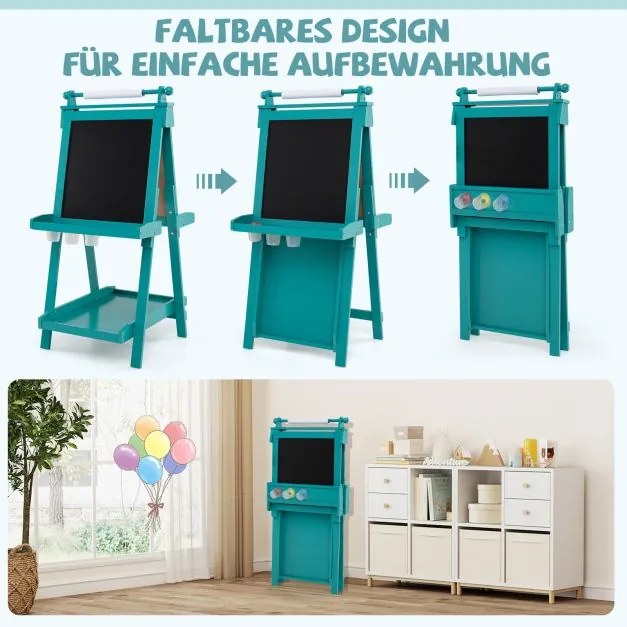 Quadro ajustável em altura para crianças com quadro branco e quadro magnético, cavalete dobrável verde