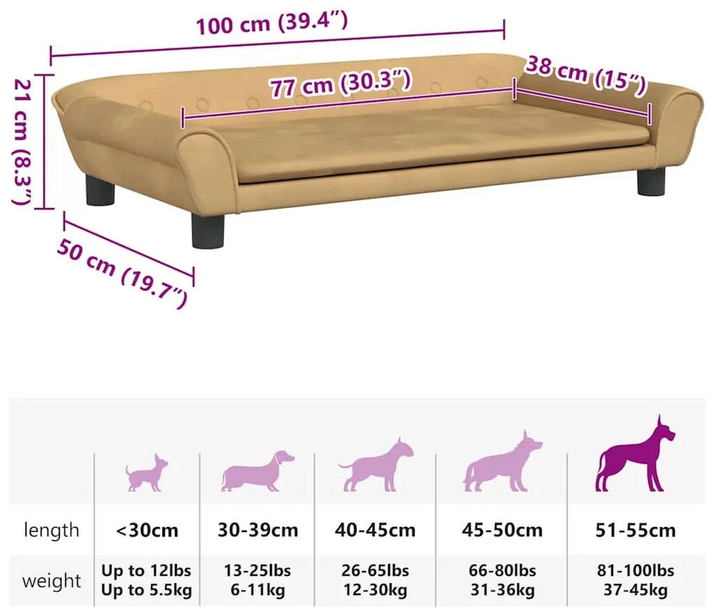 Cama para cães 100x50x21 cm veludo castanho