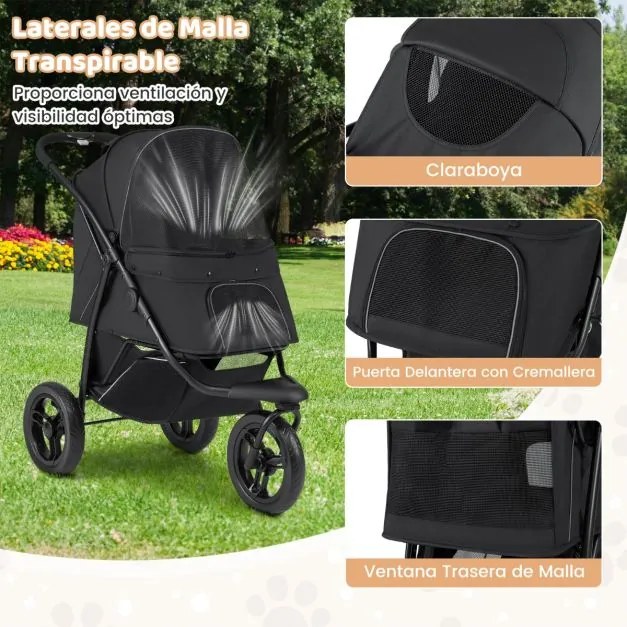 Carrinho de 3 rodas para cães pequenos e médios dobrável para animais de estimação com rodas todo-o-terreno Travão Capota ajustável Preto