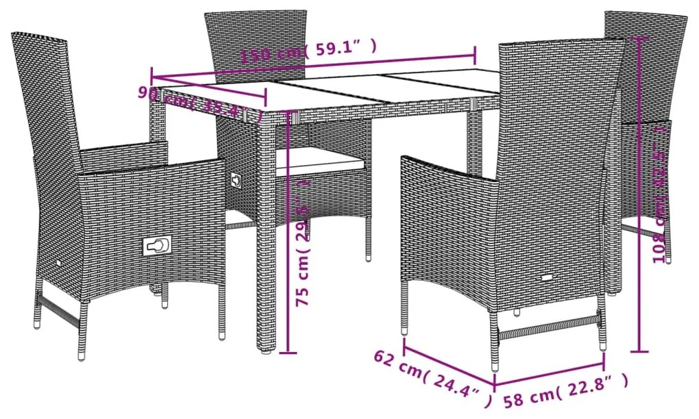 5 pcs conjunto de jantar p/ jardim com almofadões vime PE bege