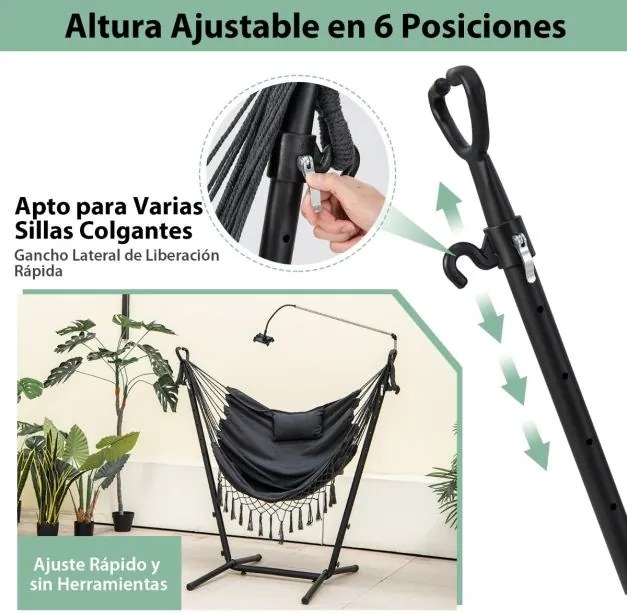 Rede descanso jardim com Suporte e Porta-Telemóvel Suspensa com Altura Ajustável Almofada e Bolso Lateral 152 x 107 x 96-146 cm Cinza