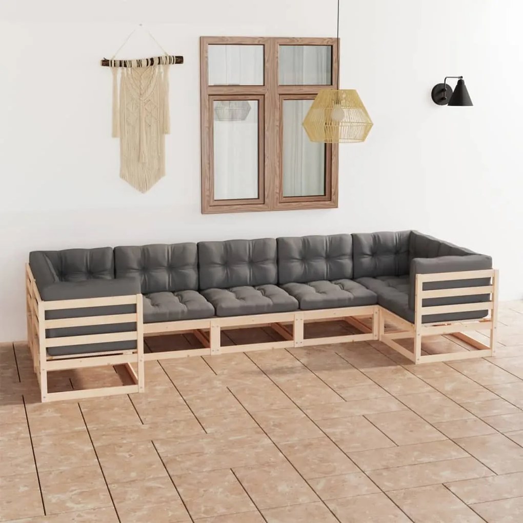 7 pcs conjunto lounge de jardim c/ almofadões pinho maciço