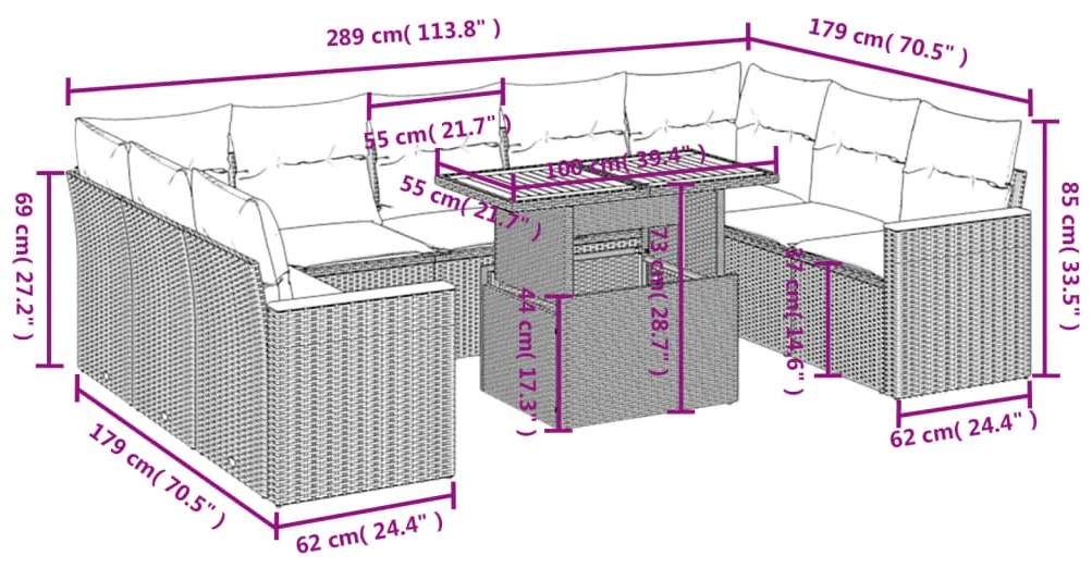10 pcs conjunto sofás de jardim c/ almofadões vime PE cinzento
