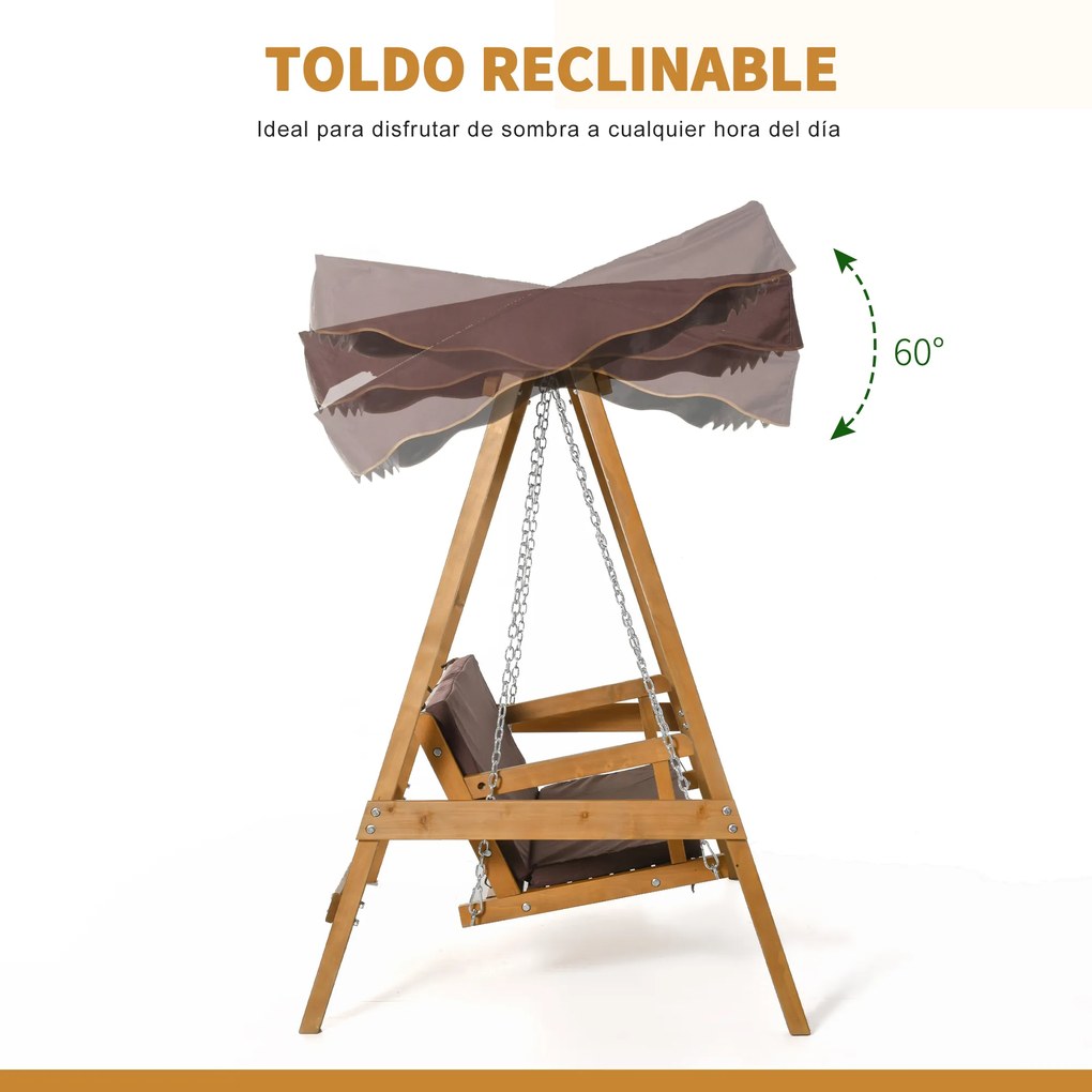 Outsunny Balanço de jardim de madeira para 3 lugares com almofada e encosto acolchoado removível e Ângulo do toldo e altura de assento ajustável ao ar livre 205x130x185 cm marrom