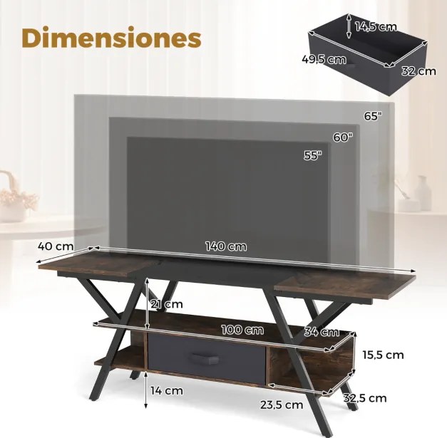 Móvel de TV de 140 cm Armário de televisão de 55-65 polegadas de 3 níveis com luzes LED coloridas ajustáveis Castanho e Preto