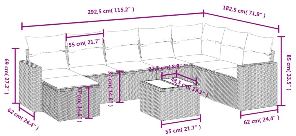 9 pcs conjunto de sofás p/ jardim c/ almofadões vime PE preto
