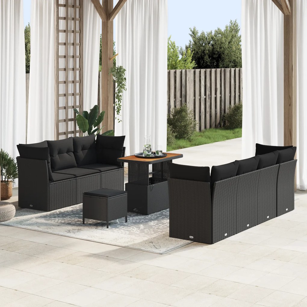Conjunto de Sofás de Jardim vidaXL de 10 Peças com Almofadas Preto Pol