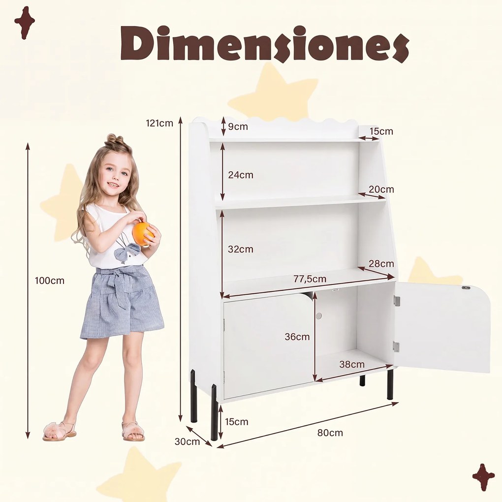 Estante de Arrumação Infantil, 80 x 30 x 121 cm, 3 Estantes Abertas e 2 Portas, Branco