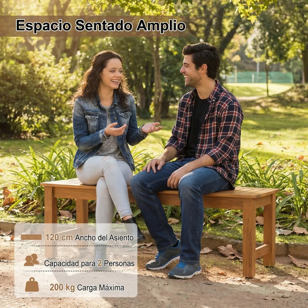 Banco jardim 120 x 30,5 x 47 cm em madeira maciça sem encosto para 2 pessoas, com capacidade para 200 kg, para jardim, pátio ou varanda, acabamento na