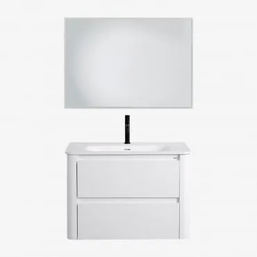 Conjunto De Móvel De Casa De Banho Em Madeira Com Lavatório Integrado Egerton Branco & Led Retangular E Anti-embaciamento 100x70 - Sklum